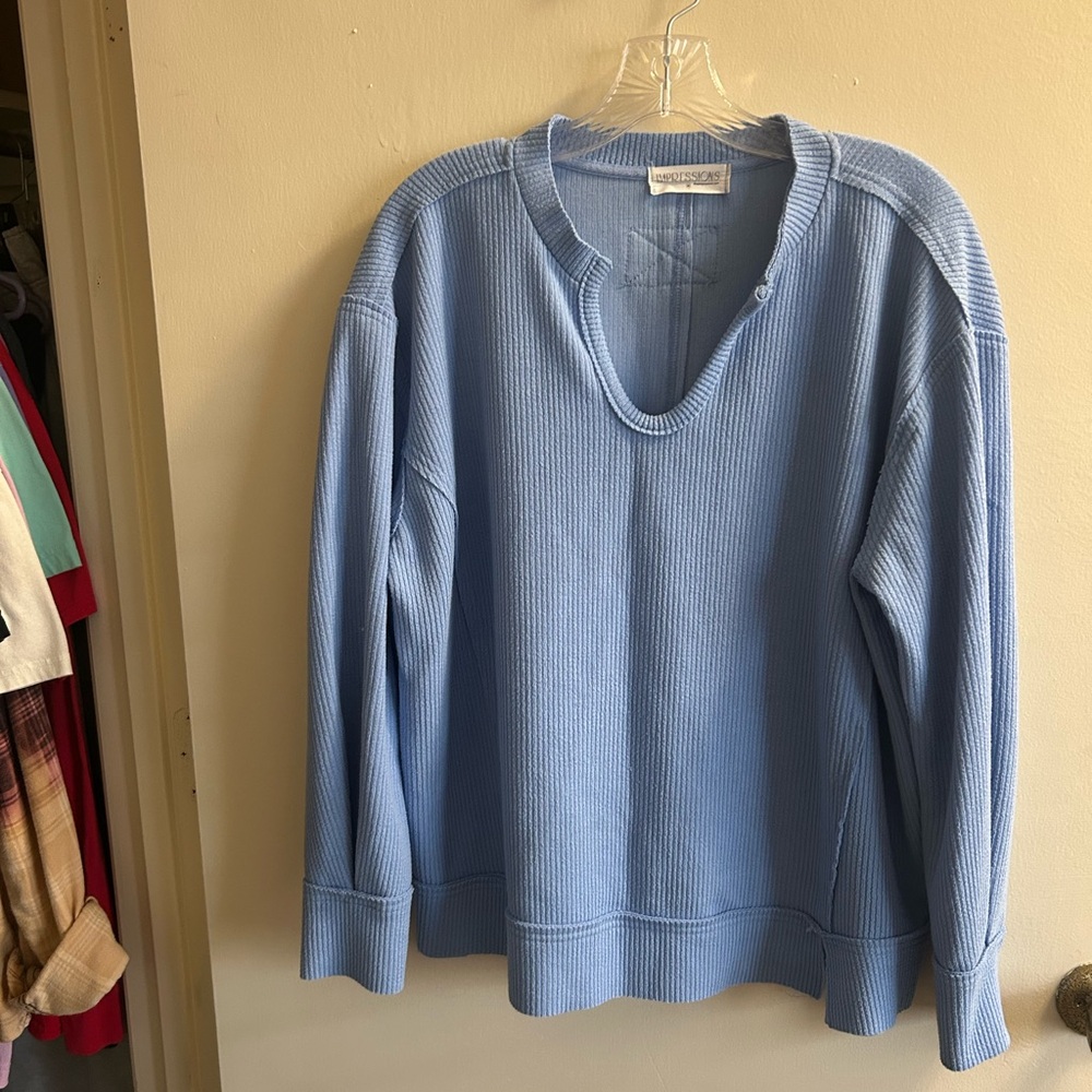 Impressions Light Blue Waffle Knit Long Sleeve Top